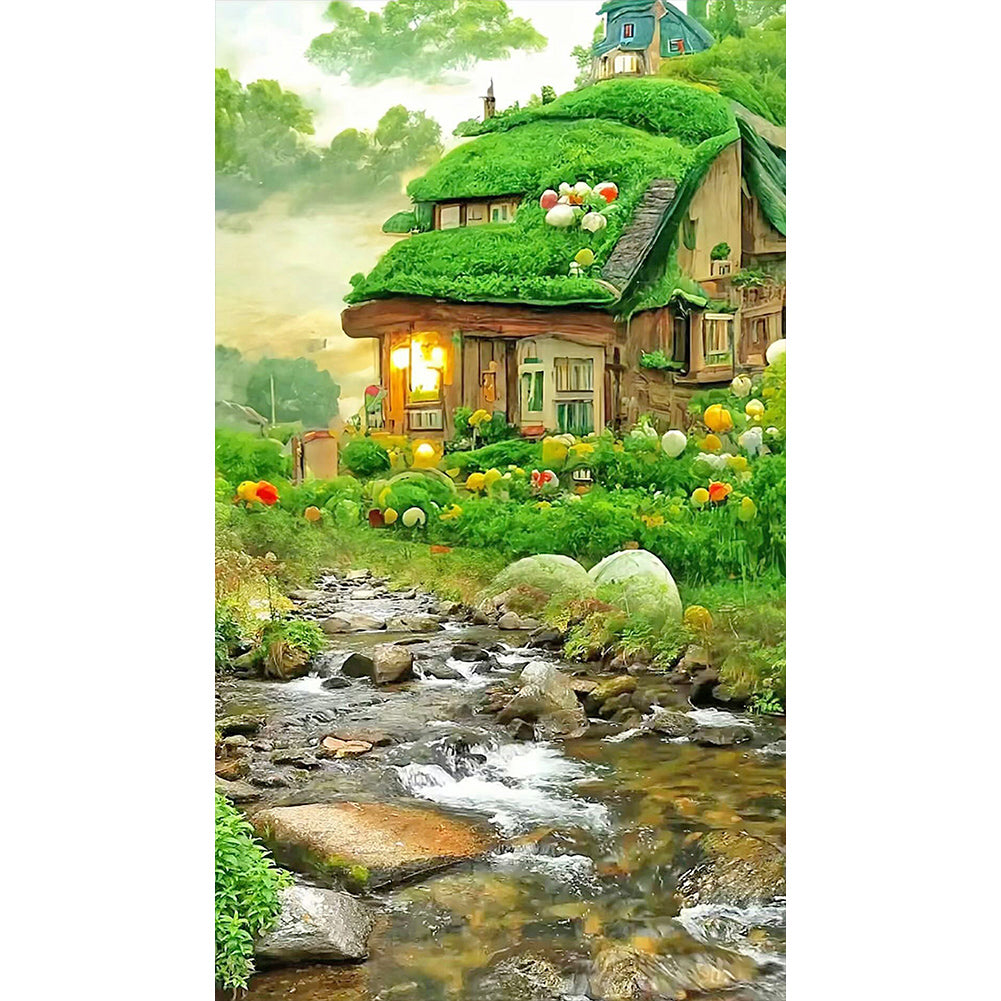 Green Wood House River-40*70cm(canvas)-full-round drill diamond painting