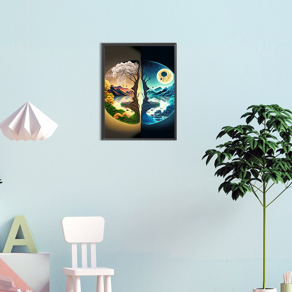 Yin And Yang Map Of Four Seasons In Mountains And Rivers - Full Round Drill Diamond Painting 30*40CM