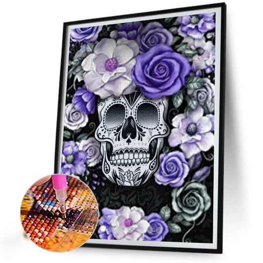 Skull Under Purple Flowers - Full Round Drill Diamond Painting 30*40CM