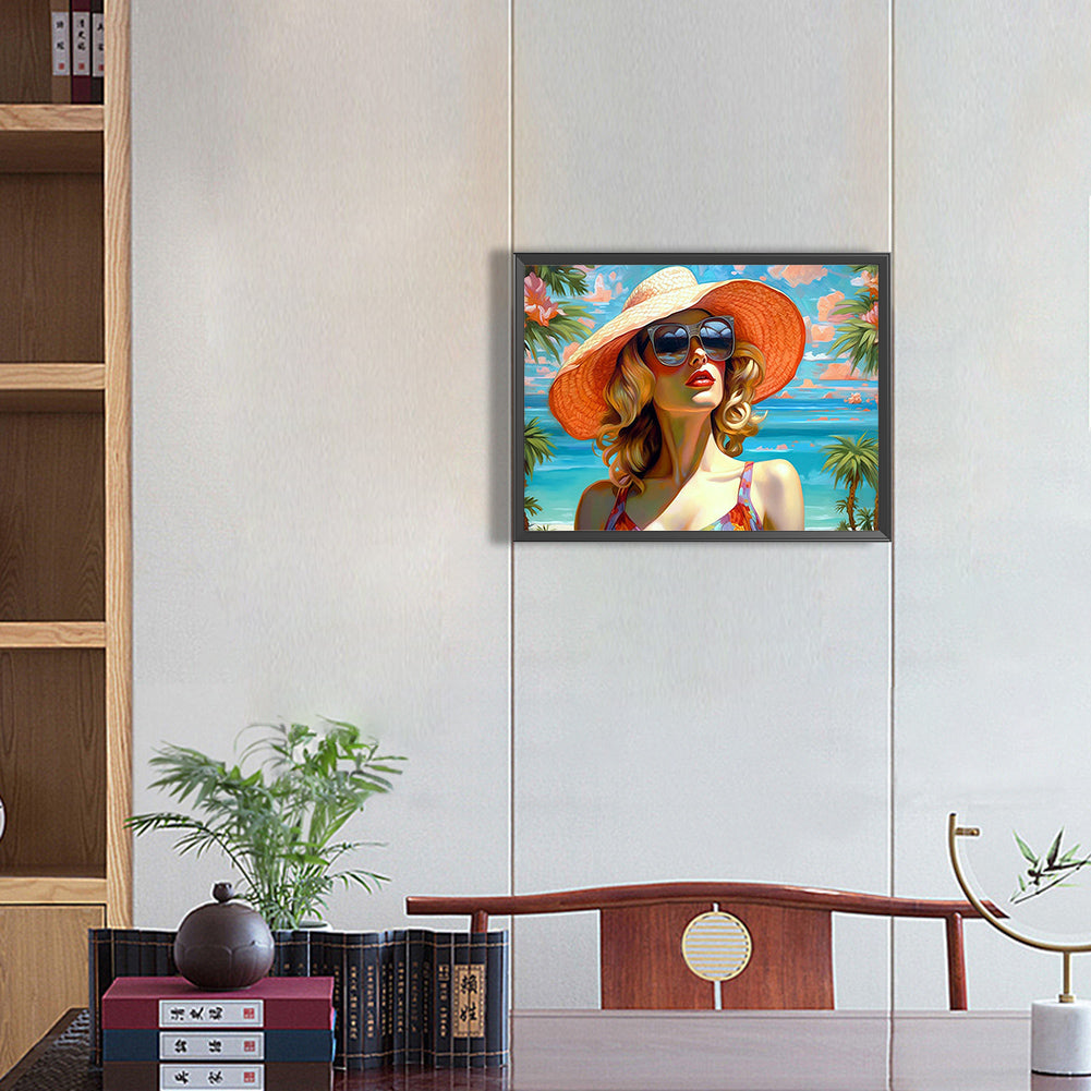 Woman In Hat - Full Round Drill Diamond Painting 40*30CM
