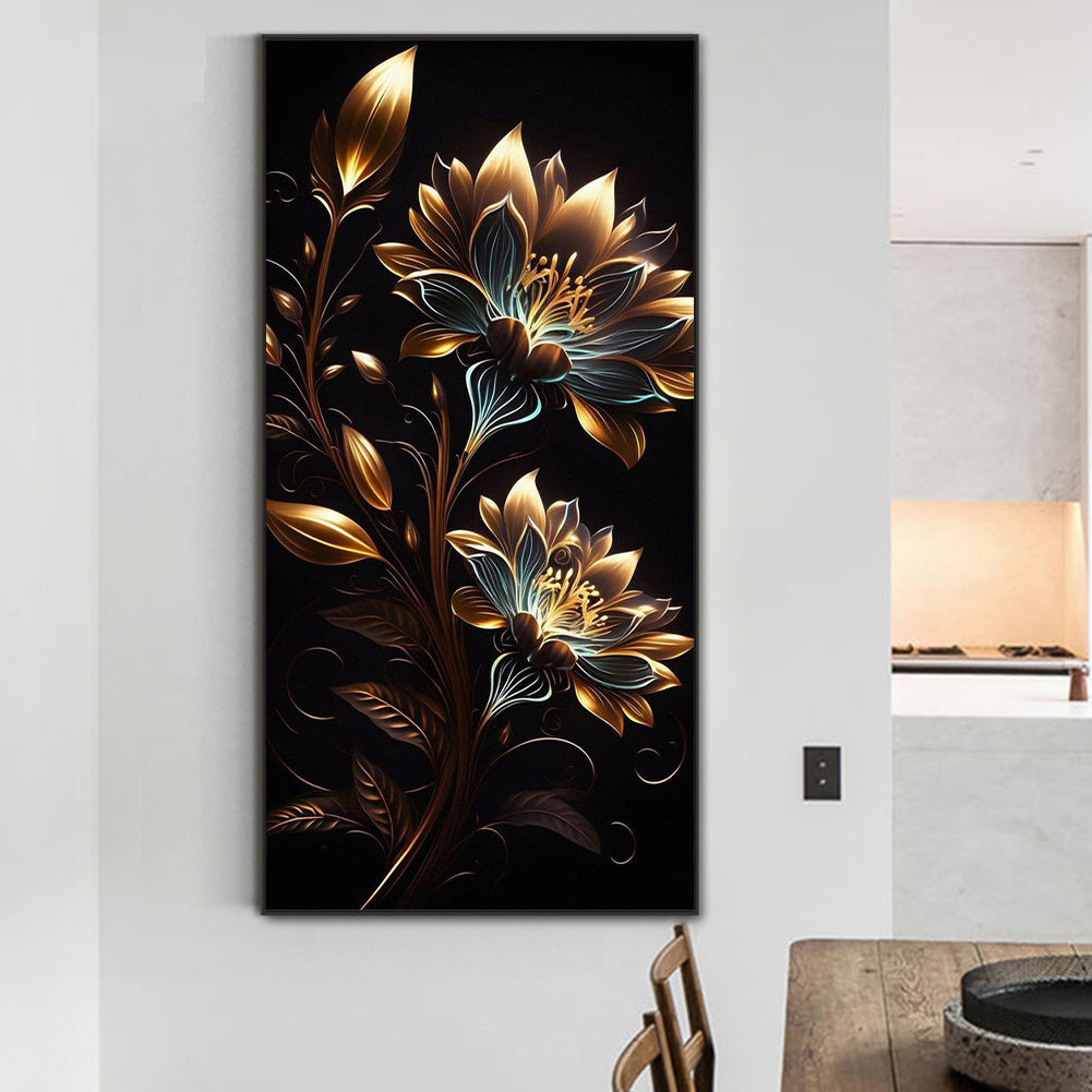 Golden Flowers On Black Background - Full Round Drill Diamond Painting 40*80CM