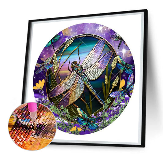 Dragonfly Painted On Round Plate Glass - Full Round Drill Diamond Painting 30*30CM