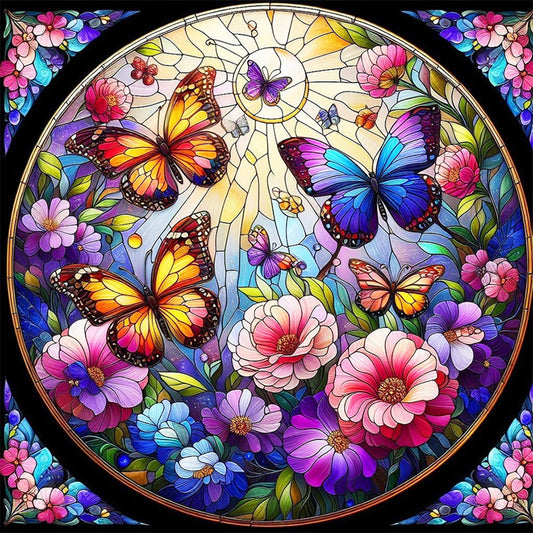 Glass Wind Butterfly And Flower - Full Round Drill Diamond Painting 30*30CM