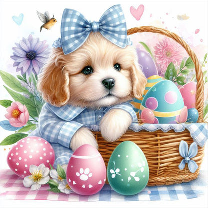 Curly-Eared Dog And Easter Eggs - Full Round Drill Diamond Painting 30*30CM