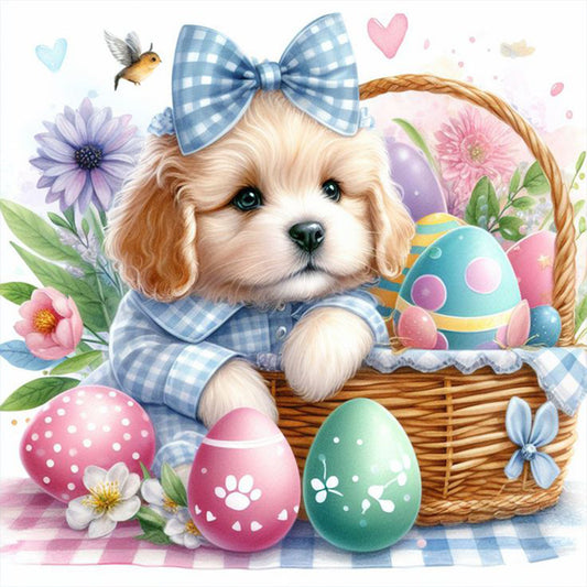 Curly-Eared Dog And Easter Eggs - Full Round Drill Diamond Painting 30*30CM