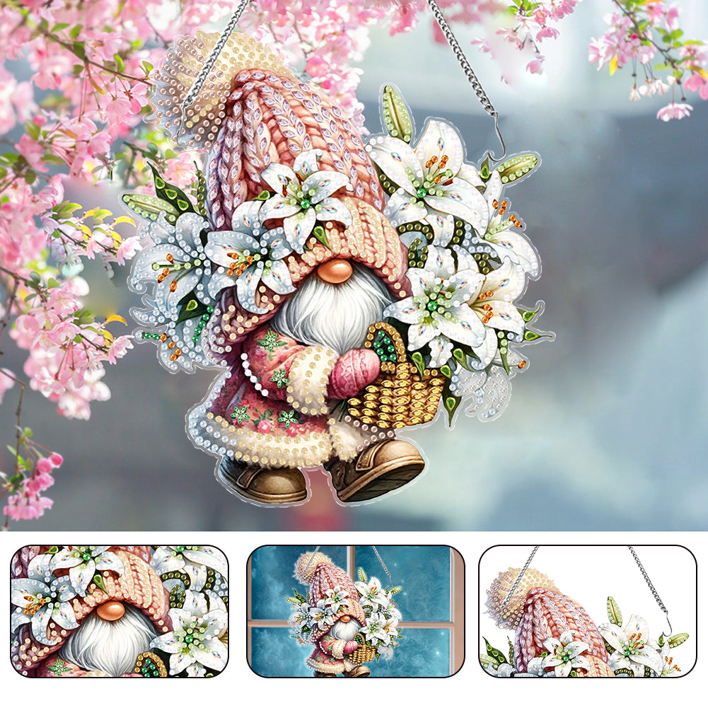 Acrylic Special Shaped Lily Bouquet Gnome Diamond Painting Hanging Decorations