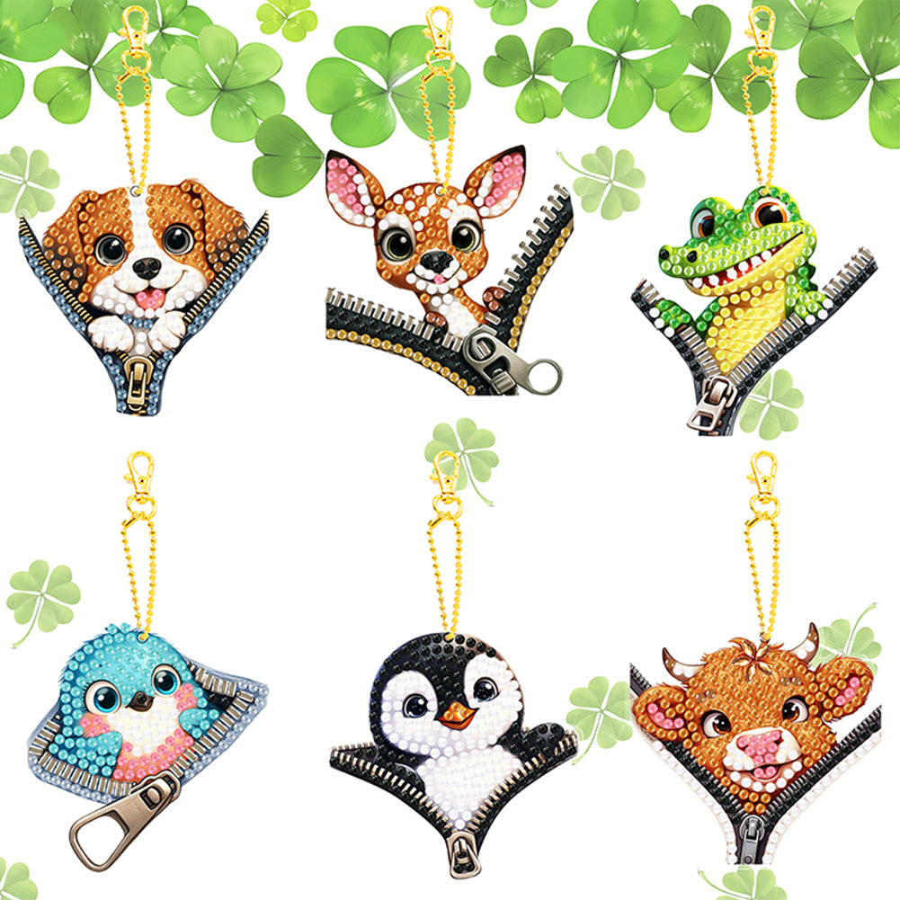 6Pcs Acrylic Double Sided Zipper Animal Diamond Painting Keychain DIY Decor