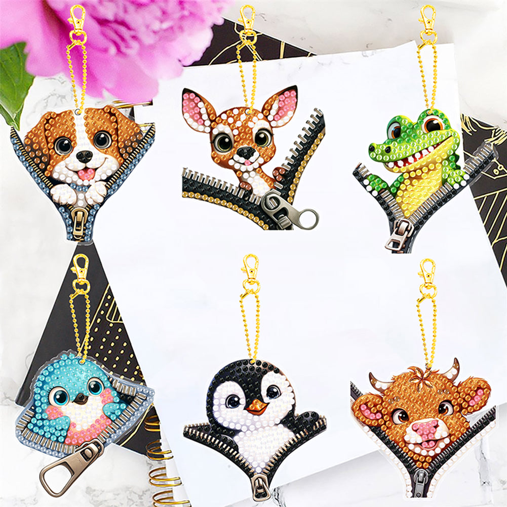 6Pcs Acrylic Double Sided Zipper Animal Diamond Painting Keychain DIY Decor