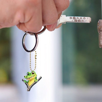 6Pcs Acrylic Double Sided Zipper Animal Diamond Painting Keychain DIY Decor