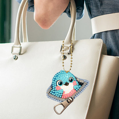 6Pcs Acrylic Double Sided Zipper Animal Diamond Painting Keychain DIY Decor