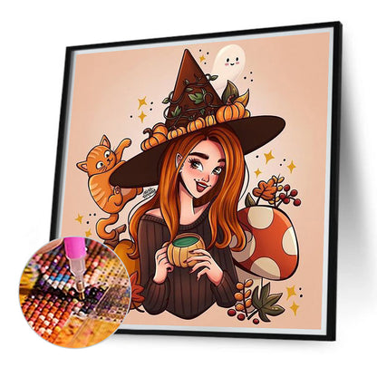 Girl Drinking Tea With Hat - Full Round Drill Diamond Painting 40*40CM