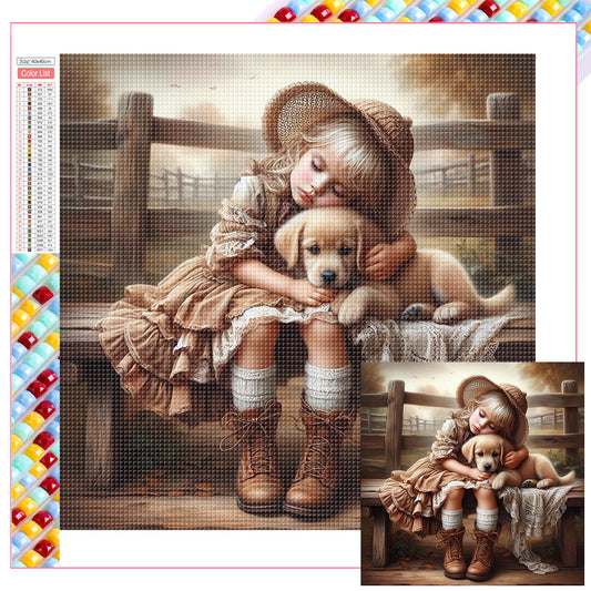 Girl Hugging Dog - Full Square Drill Diamond Painting 40*40CM