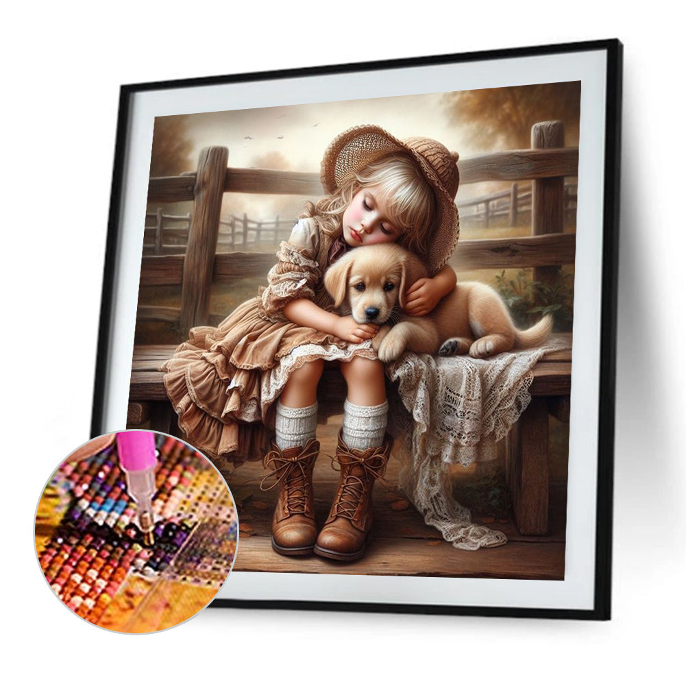 Girl Hugging Dog - Full Square Drill Diamond Painting 40*40CM