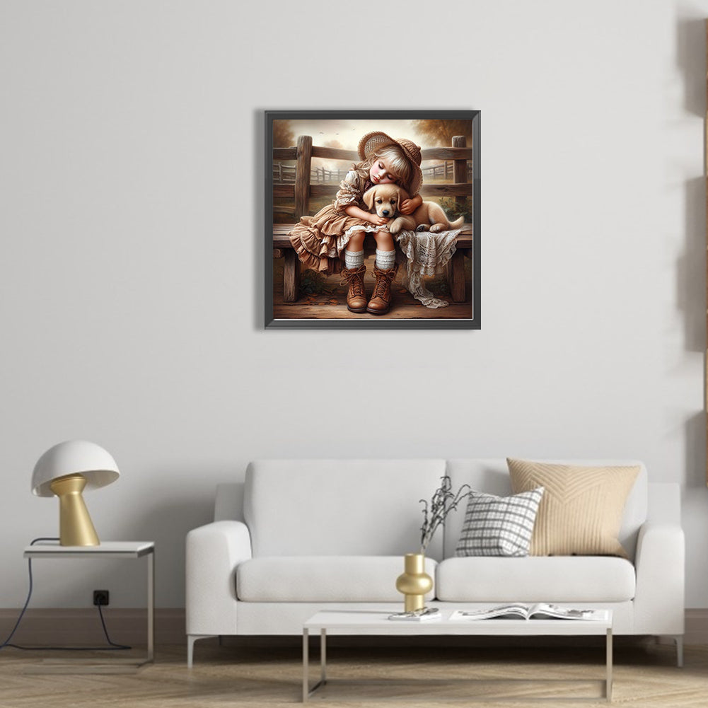 Girl Hugging Dog - Full Square Drill Diamond Painting 40*40CM