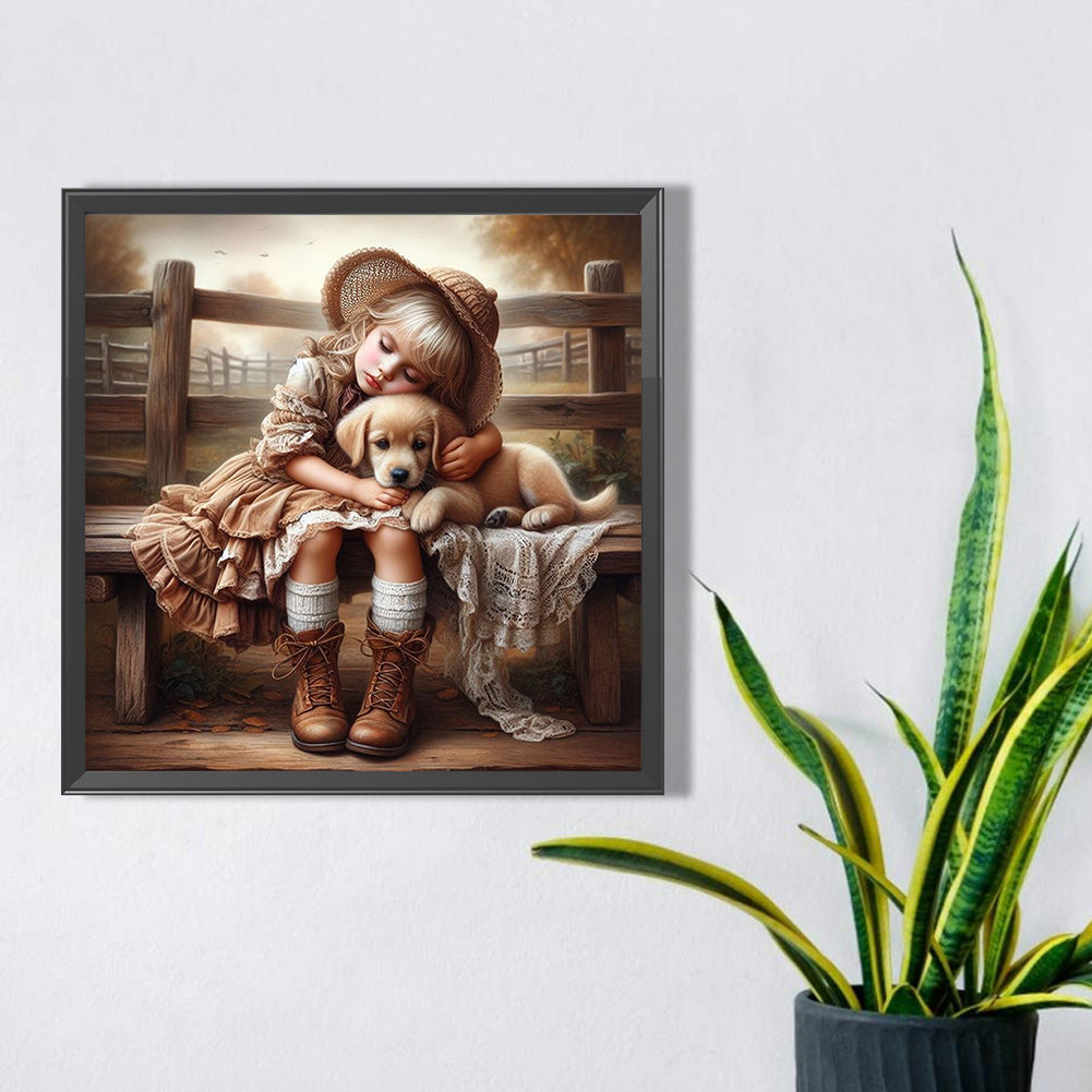 Girl Hugging Dog - Full Square Drill Diamond Painting 40*40CM