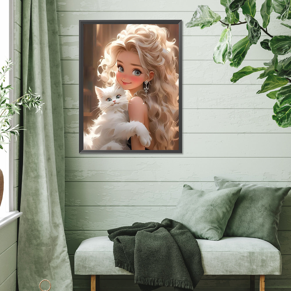 White Cat Girl - Full Square Drill Diamond Painting 30*40CM