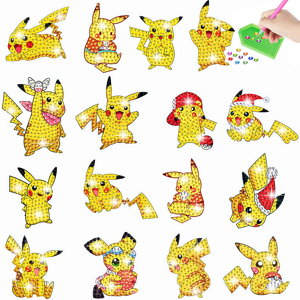 16Pcs Pikachu Diamond Painting Sticker Crystal Diamond Sticker for Boys Girls