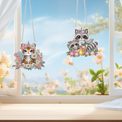 2Pcs PET Special Shaped Tiger Raccoon Diamond Painting Hanging Decor for Bedroom