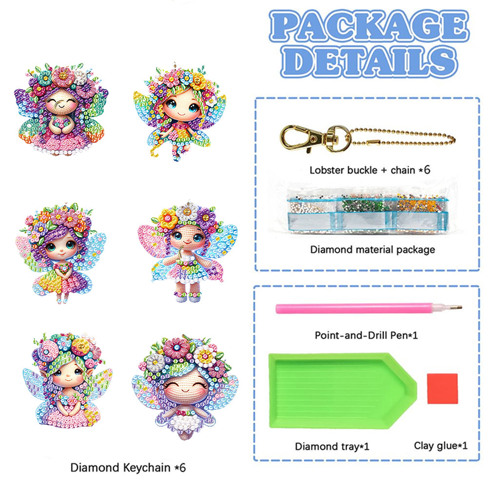 6Pcs Double Sided Flower Elf Girl Diamond Painting Art Keychain Pendant DIY Art