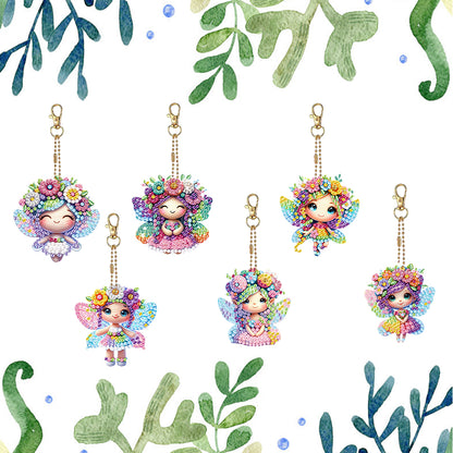 6Pcs Double Sided Flower Elf Girl Diamond Painting Art Keychain Pendant DIY Art