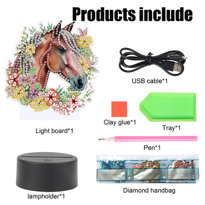 Cute Animal Diamond Painting LED Lamp Diamond Painting Night Light (Horse)