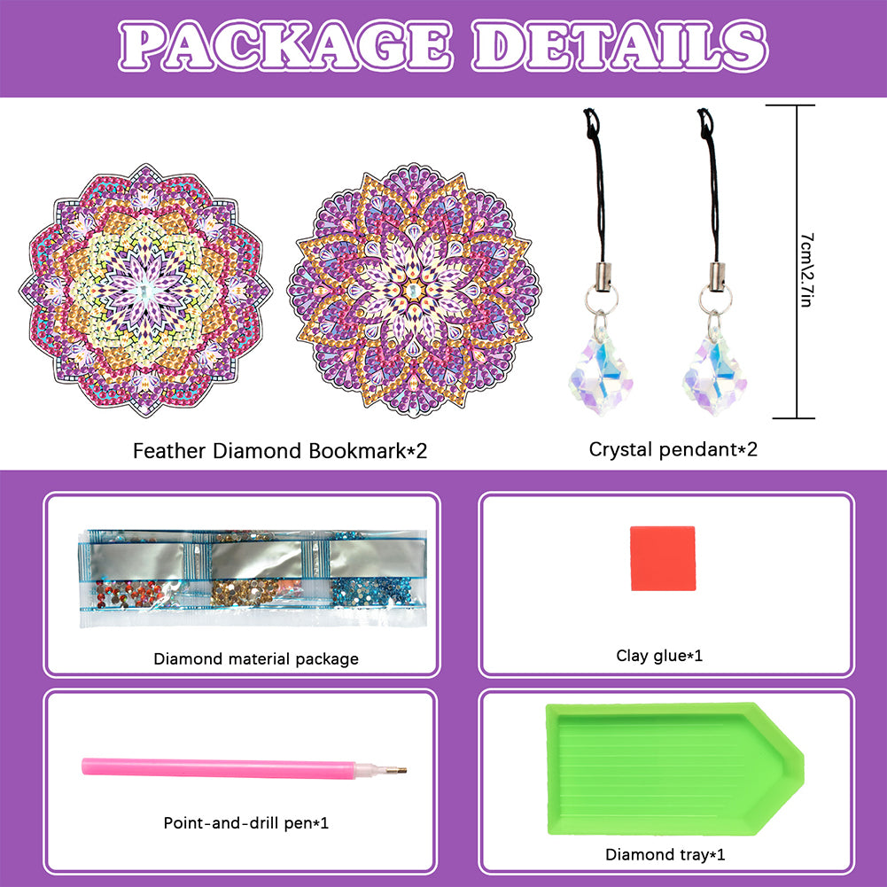 2Pcs Special Shape Colorful Mandala Diamond Painting Bookmark Art Projects