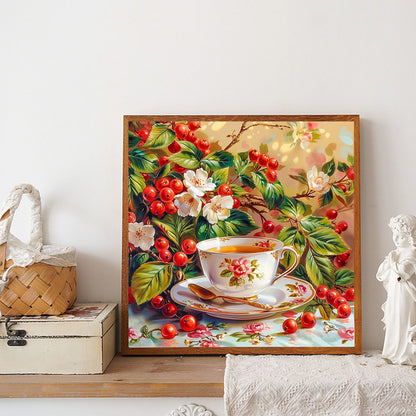 Red Bean And White Flower Porcelain Cup - Full Round Drill Diamond Painting 40*40CM