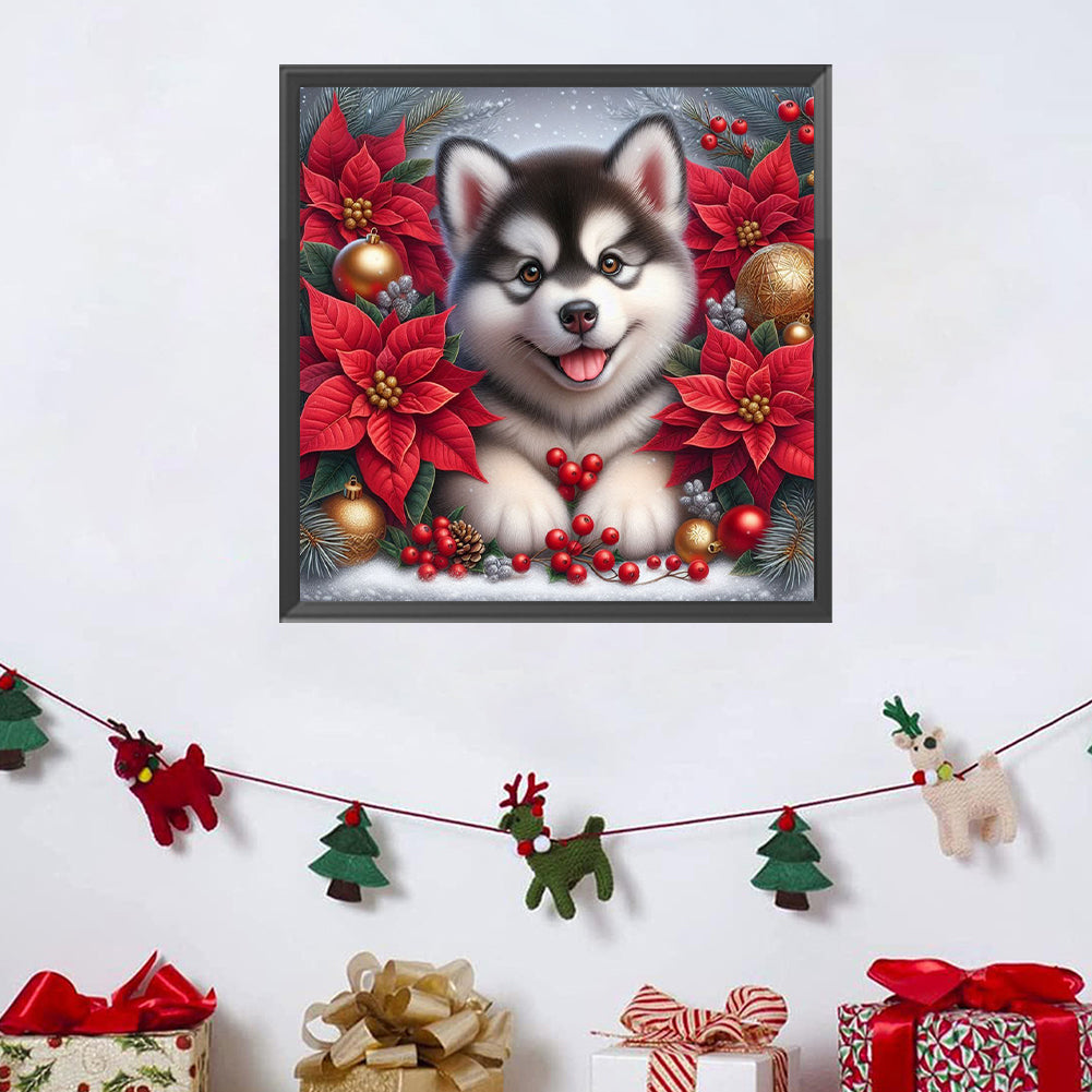 Christmas Poinsettia Dog - Full AB Square Drill Diamond Painting 40*40CM
