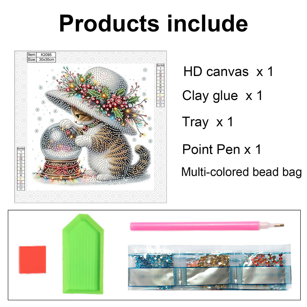 Cute Christmas Cat - Partial Special-Shaped Drill Diamond Painting 30*30CM