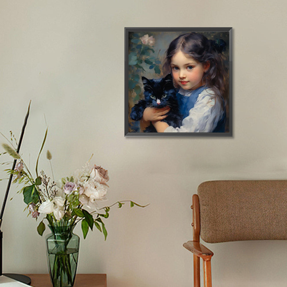 Oil Painting Girl Black Cat - Full Round Drill Diamond Painting 30*30CM