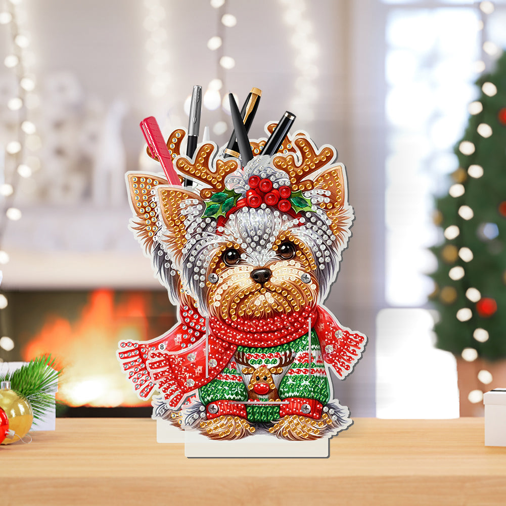 Acrylic Special Shape Double Side Christmas Dog Diamond Painting Pencil Holder