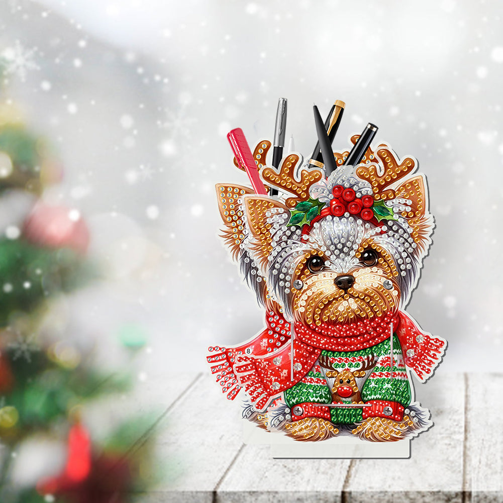 Acrylic Special Shape Double Side Christmas Dog Diamond Painting Pencil Holder