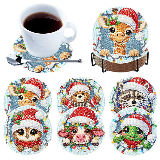 6Pcs Wooden Christmas Animals DIY Diamond Painting Coaster for Dining Table