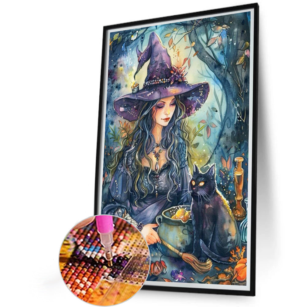Witch And Black Cat - Full AB Round Drill Diamond Painting 40*60CM
