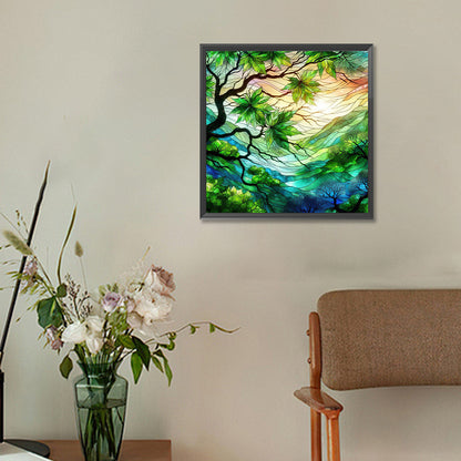 Glass Painting Green Maple Leaf - Full Round Drill Diamond Painting 30*30CM