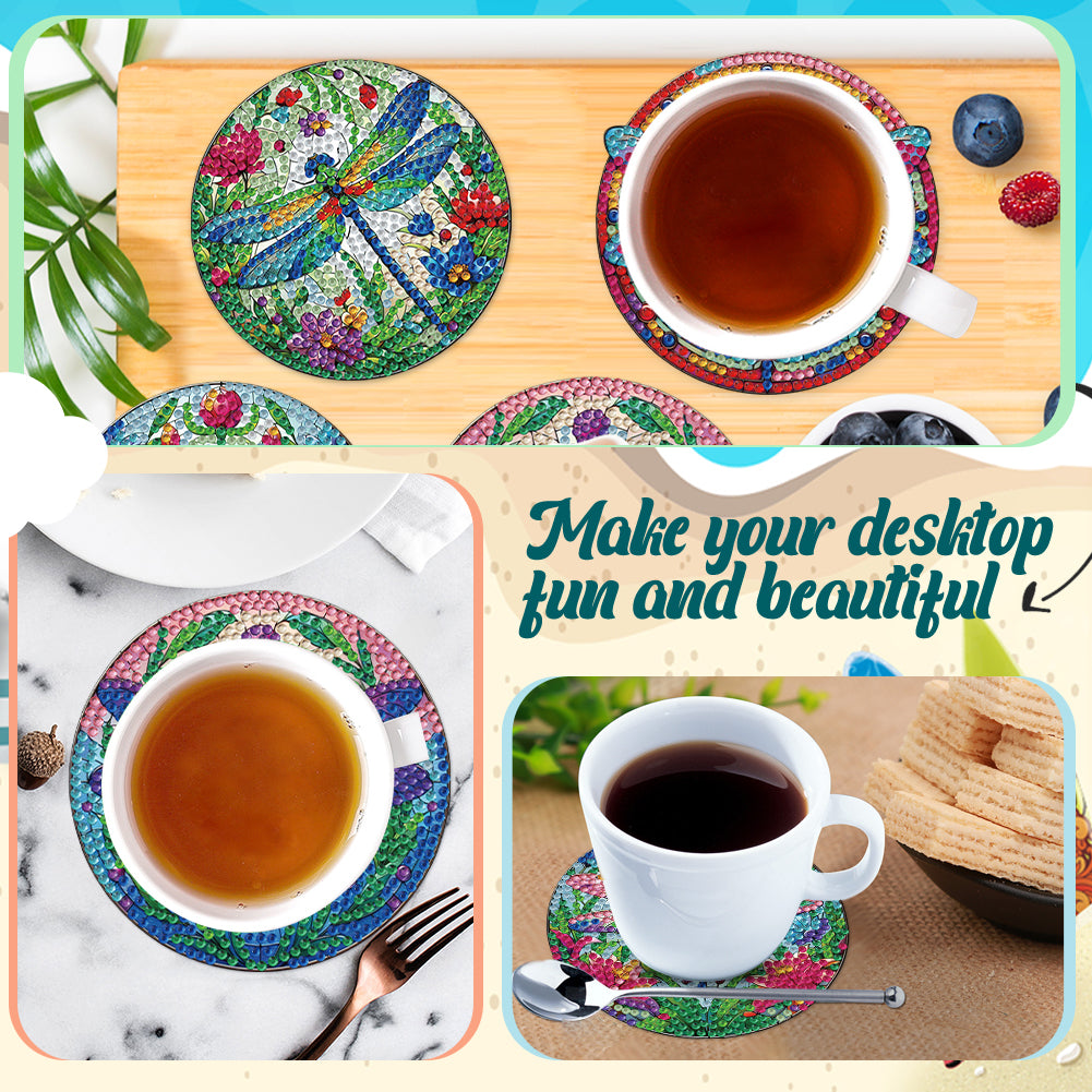 8Pcs Wooden Dragonfly 5D Diamond Painting Coasters Kit for Adults Beginners