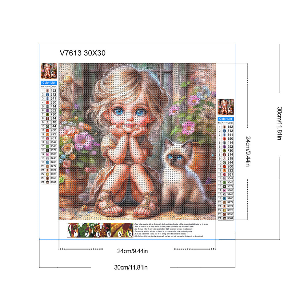 Door Girl And Kitten Girl - Full Round Drill Diamond Painting 30*30CM