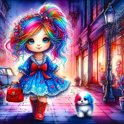 Colorful Hair Girl And Colorful Puppy - Full Round Drill Diamond Painting 30*30CM