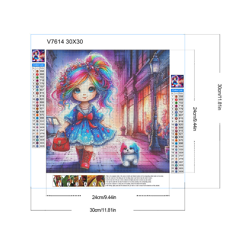 Colorful Hair Girl And Colorful Puppy - Full Round Drill Diamond Painting 30*30CM
