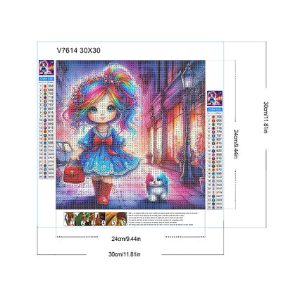Colorful Hair Girl And Colorful Puppy - Full Round Drill Diamond Painting 30*30CM