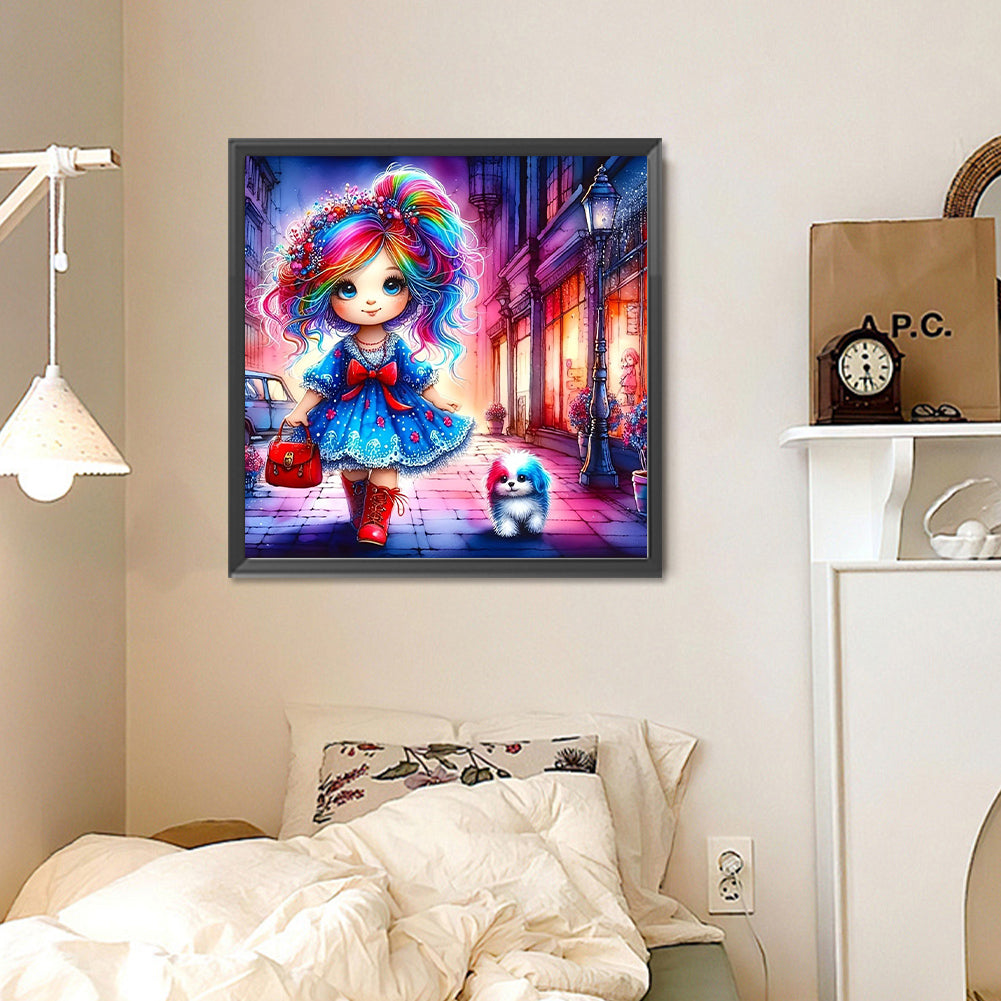 Colorful Hair Girl And Colorful Puppy - Full Round Drill Diamond Painting 30*30CM