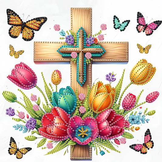 Cross And Flower - Special Shaped Drill Diamond Painting 30*30CM