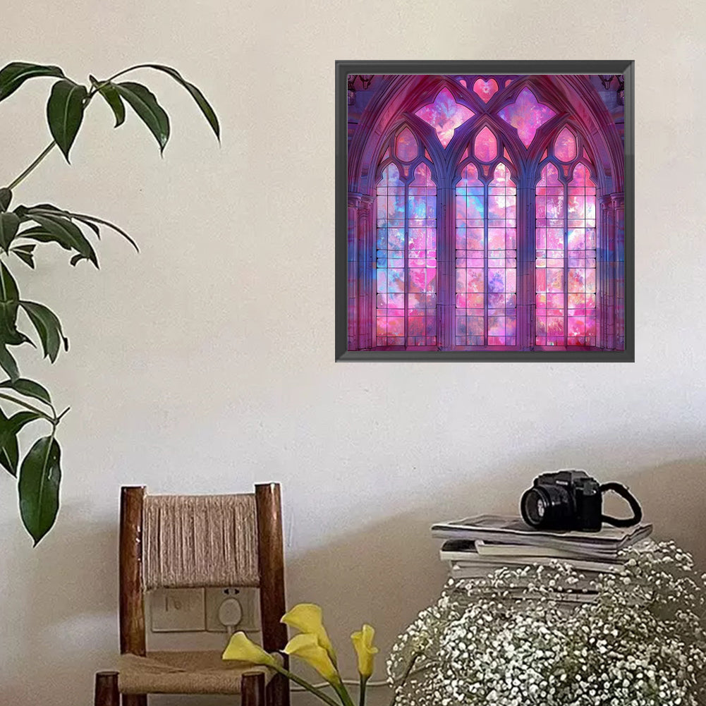 Pink Flower Window - Full AB Round Drill Diamond Painting 40*40CM