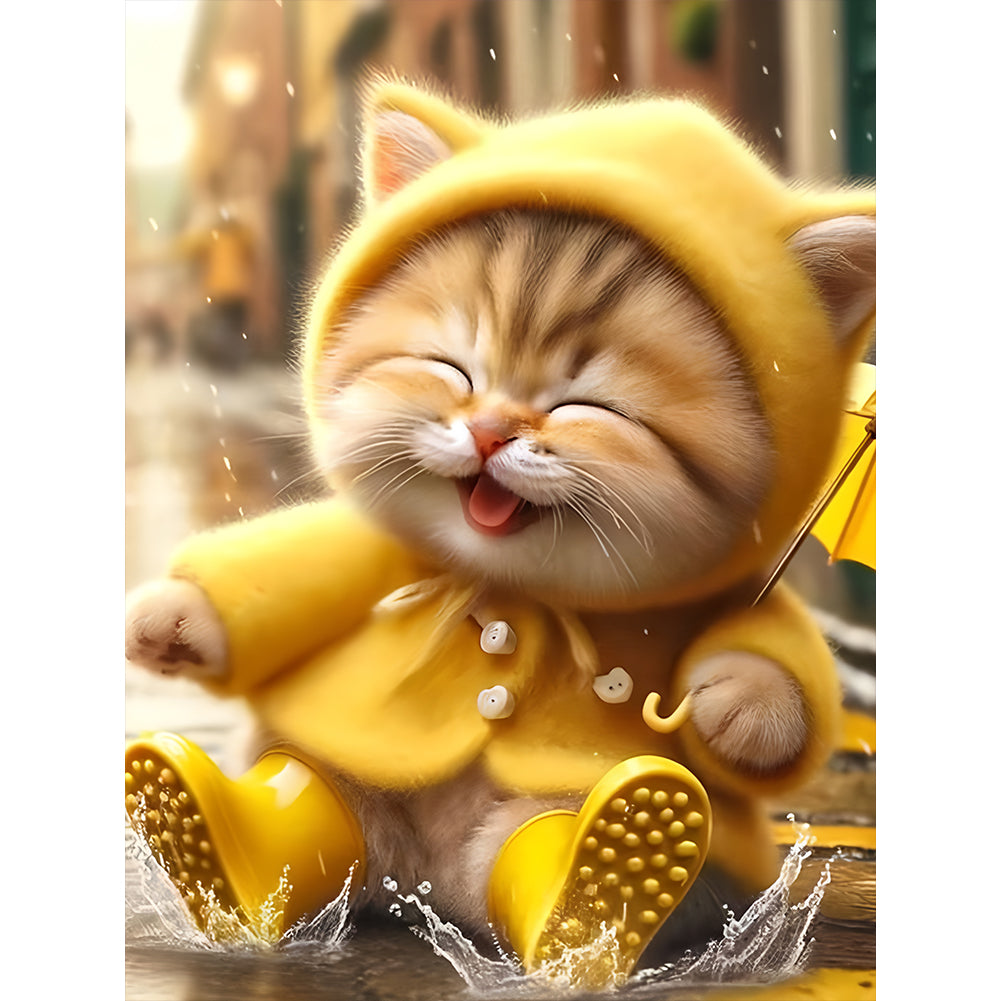 Yellow Raincoat Cat - Full Round Drill Diamond Painting 30*40CM