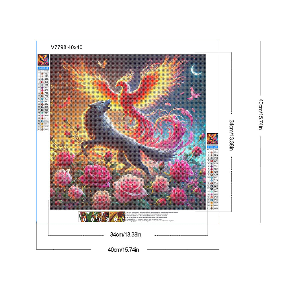 Phoenix And Wolf In Rose Field - Full Round Drill Diamond Painting 40*40CM