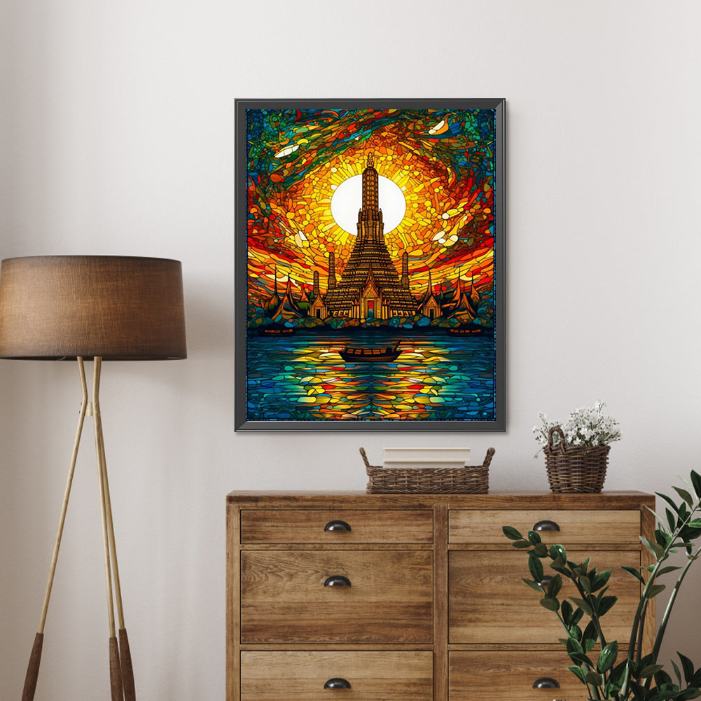 Glass Painting Of High Tower By The Water - Full AB Round Drill Diamond Painting 40*50CM