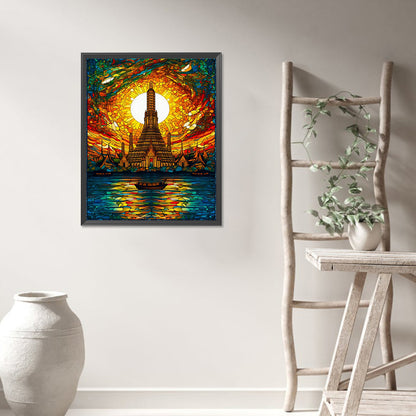 Glass Painting Of High Tower By The Water - Full AB Round Drill Diamond Painting 40*50CM