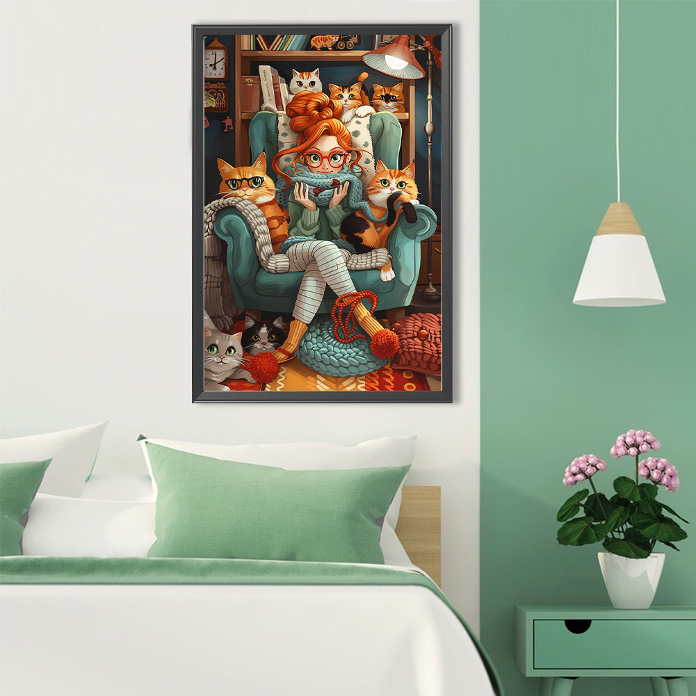 Cat And Girl - Full Round Drill Diamond Painting 40*60CM