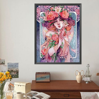 Pink Flower Girl - Full Round Drill Diamond Painting 40*50CM