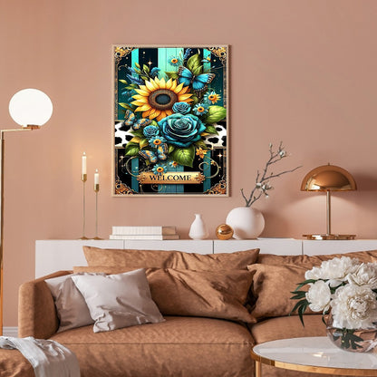 Sunflower Butterfly Blue Rose - Full Round Drill Diamond Painting 30*40CM